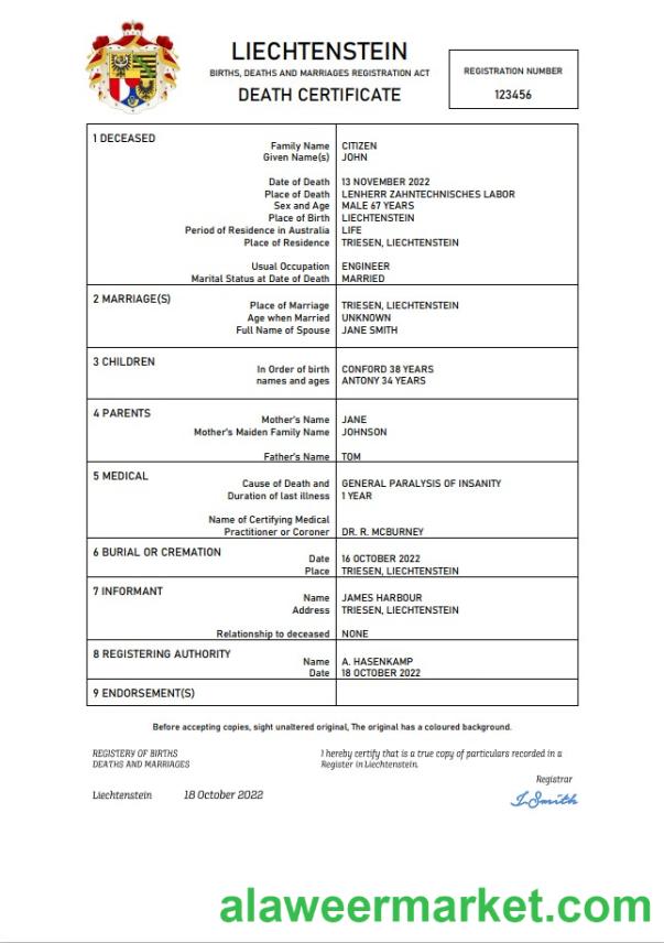 Liechtenstein vital record death certificate Word and PDF template